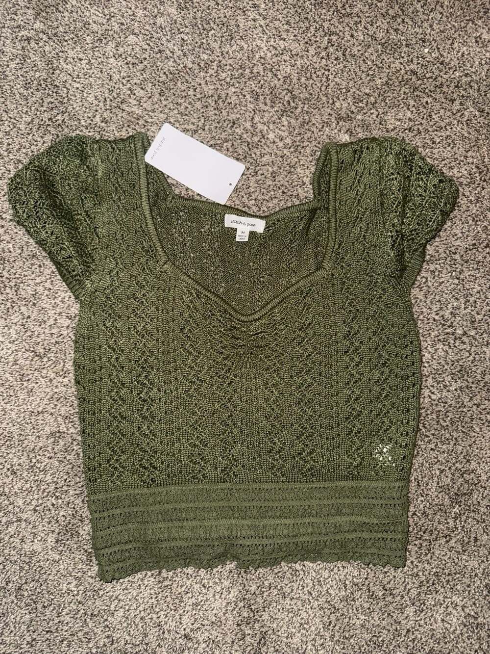 Stitch & Pine Olive Green Crochet Open-Stitch Short Sleeve Crop Top